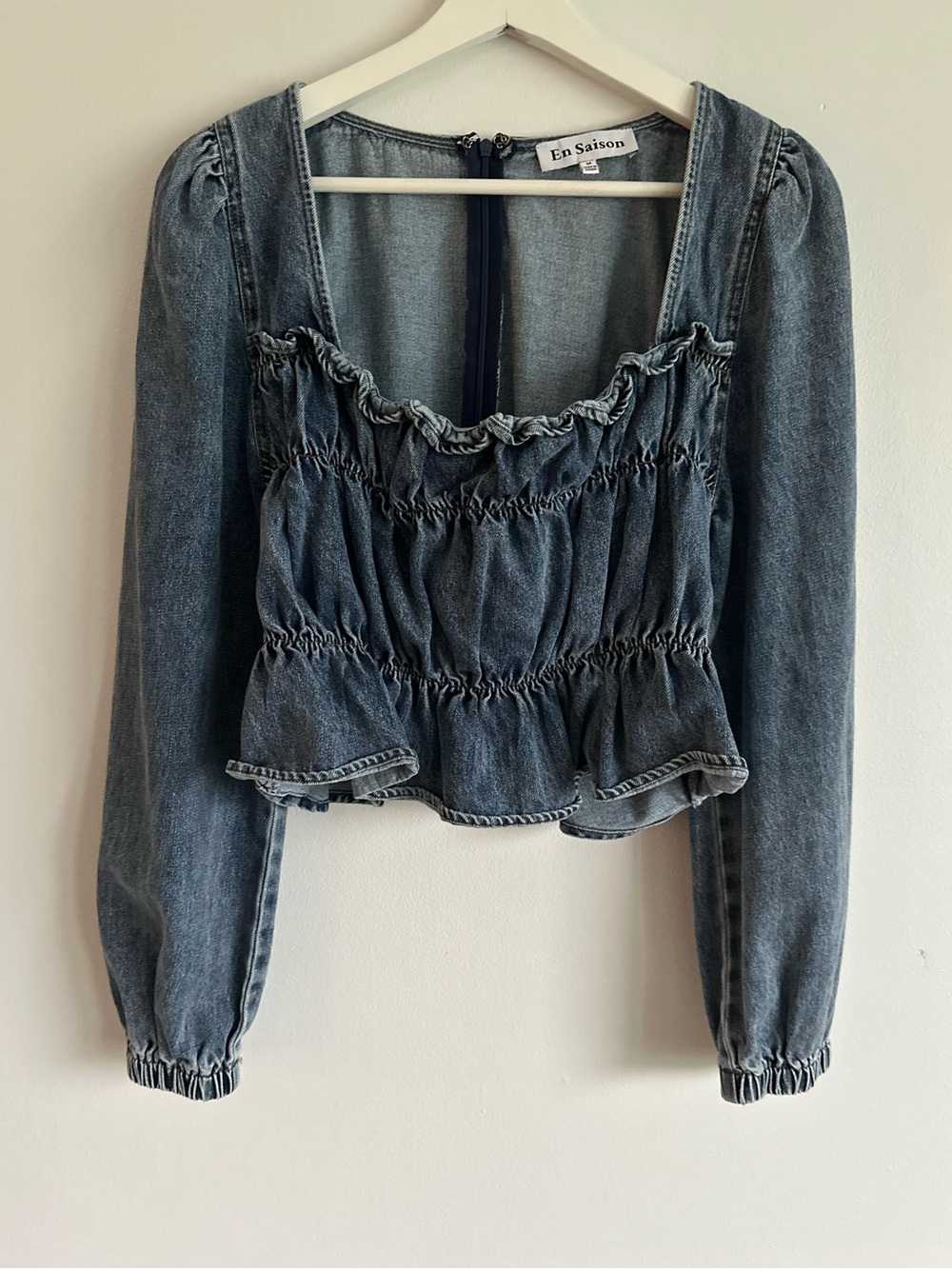 En Saison Washed Blue Denim Smocked Peplum Blouse Size Medium